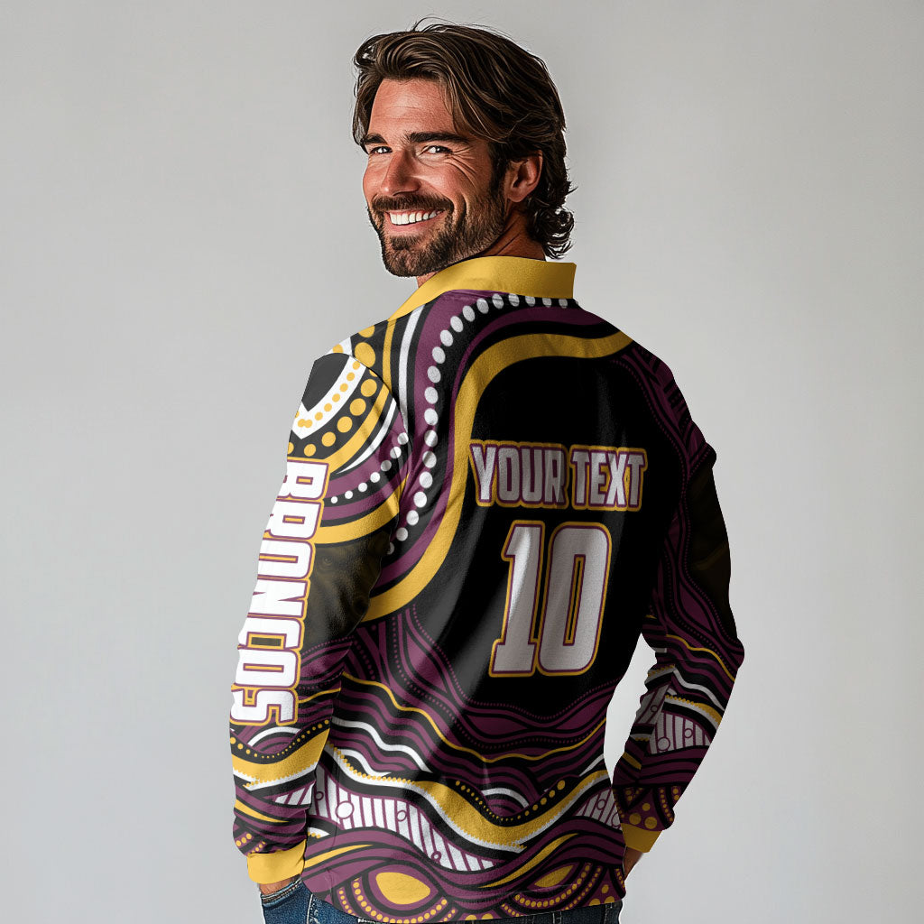 Personalized Brisbane Broncos Long Sleeve Polo Shirt Aboriginal Dot Art - Dreamtime Rugby Mascot
