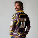 Personalized Brisbane Broncos Long Sleeve Polo Shirt Aboriginal Dot Art - Dreamtime Rugby Mascot