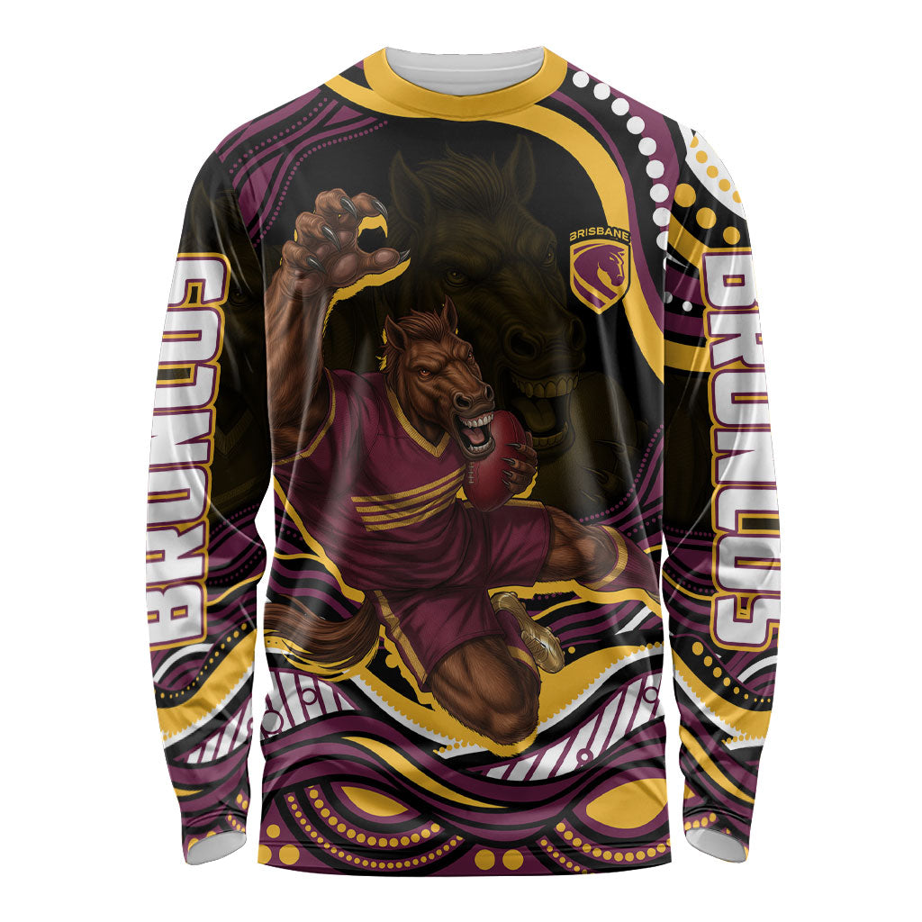 Personalized Brisbane Broncos Long Sleeve Shirt Aboriginal Dot Art - Dreamtime Rugby Mascot
