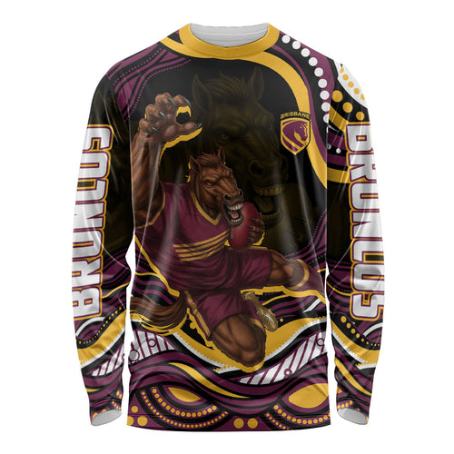 Personalized Brisbane Broncos Long Sleeve Shirt Aboriginal Dot Art - Dreamtime Rugby Mascot