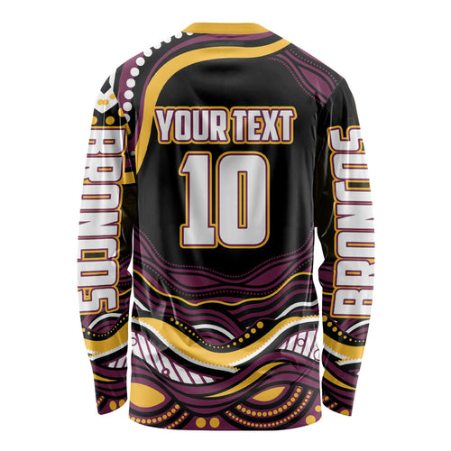 Personalized Brisbane Broncos Long Sleeve Shirt Aboriginal Dot Art - Dreamtime Rugby Mascot
