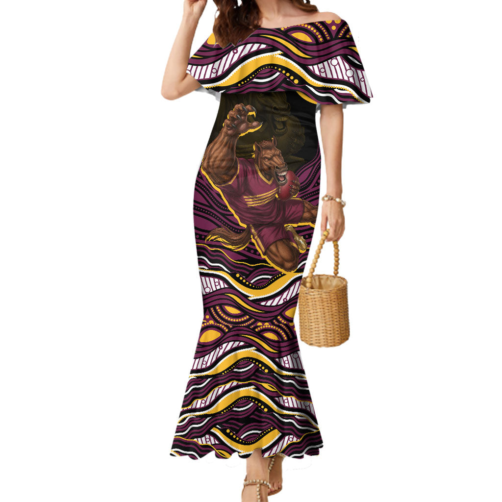 Personalized Brisbane Broncos Mermaid Dress Aboriginal Dot Art - Dreamtime Rugby Mascot
