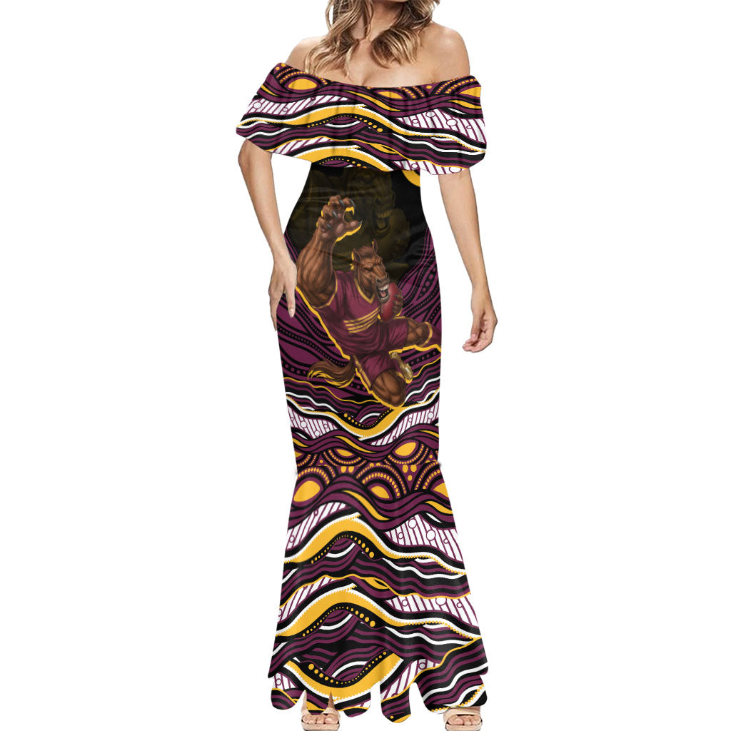 Personalized Brisbane Broncos Mermaid Dress Aboriginal Dot Art - Dreamtime Rugby Mascot