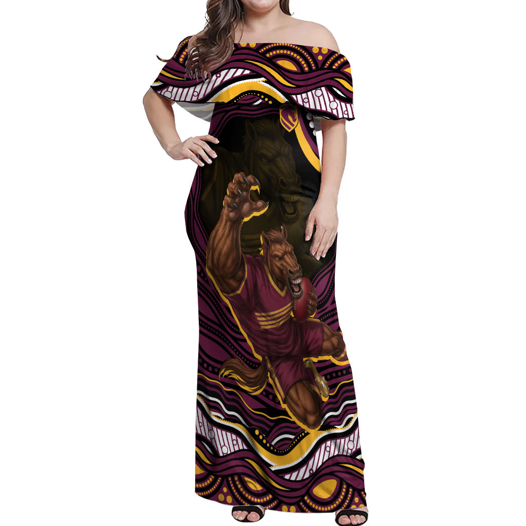 Personalized Brisbane Broncos Off Shoulder Maxi Dress Aboriginal Dot Art - Dreamtime Rugby Mascot