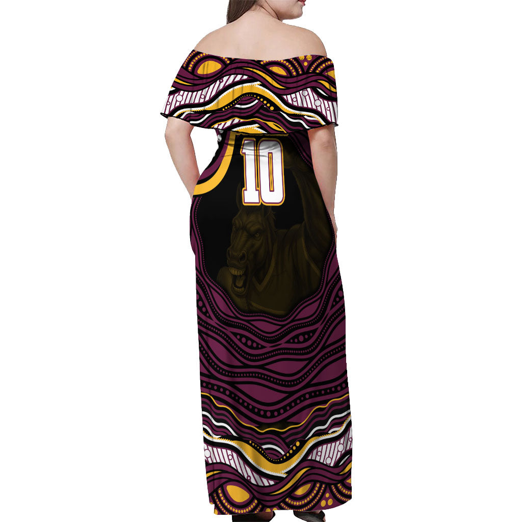 Personalized Brisbane Broncos Off Shoulder Maxi Dress Aboriginal Dot Art - Dreamtime Rugby Mascot
