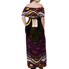 Personalized Brisbane Broncos Off Shoulder Maxi Dress Aboriginal Dot Art - Dreamtime Rugby Mascot