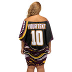 Personalized Brisbane Broncos Off Shoulder Short Dress Aboriginal Dot Art - Dreamtime Rugby Mascot