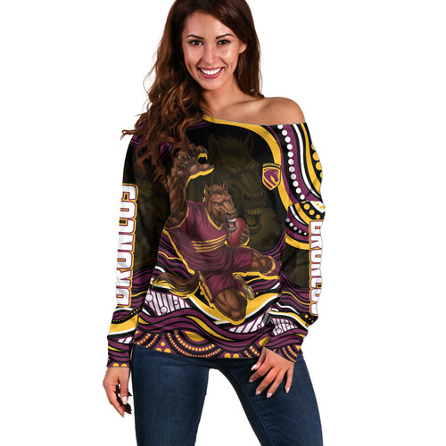 Personalized Brisbane Broncos Off Shoulder Sweater Aboriginal Dot Art - Dreamtime Rugby Mascot