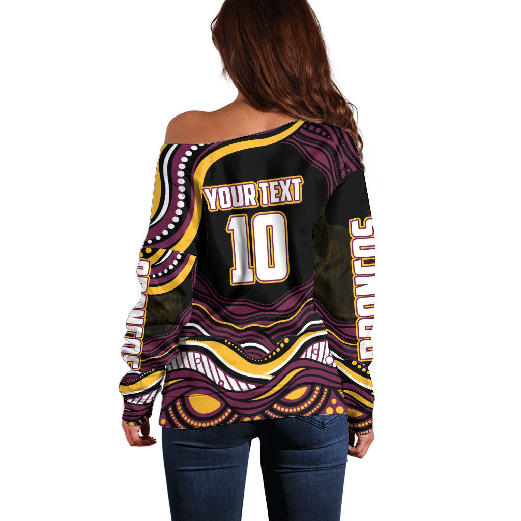 Personalized Brisbane Broncos Off Shoulder Sweater Aboriginal Dot Art - Dreamtime Rugby Mascot