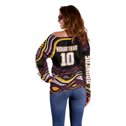 Personalized Brisbane Broncos Off Shoulder Sweater Aboriginal Dot Art - Dreamtime Rugby Mascot