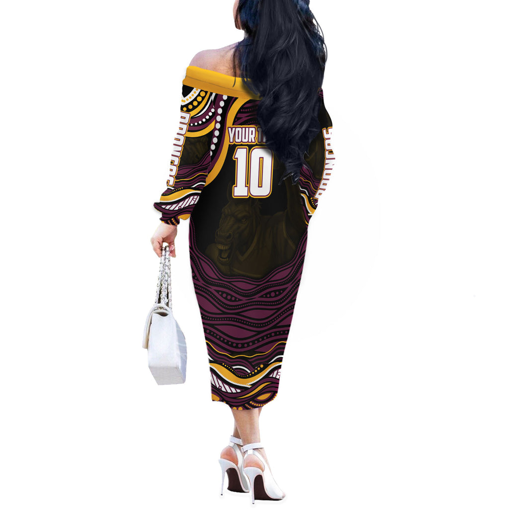 Personalized Brisbane Broncos Off The Shoulder Long Sleeve Dress Aboriginal Dot Art - Dreamtime Rugby Mascot