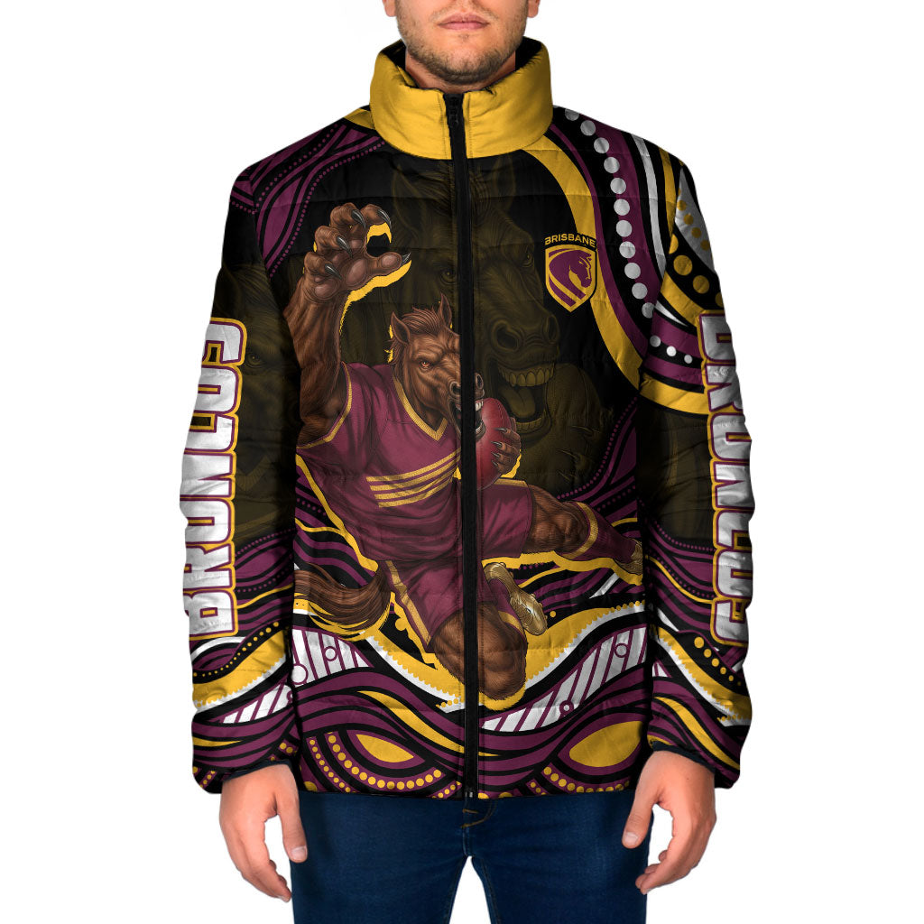 Personalized Brisbane Broncos Padded Jacket Aboriginal Dot Art - Dreamtime Rugby Mascot