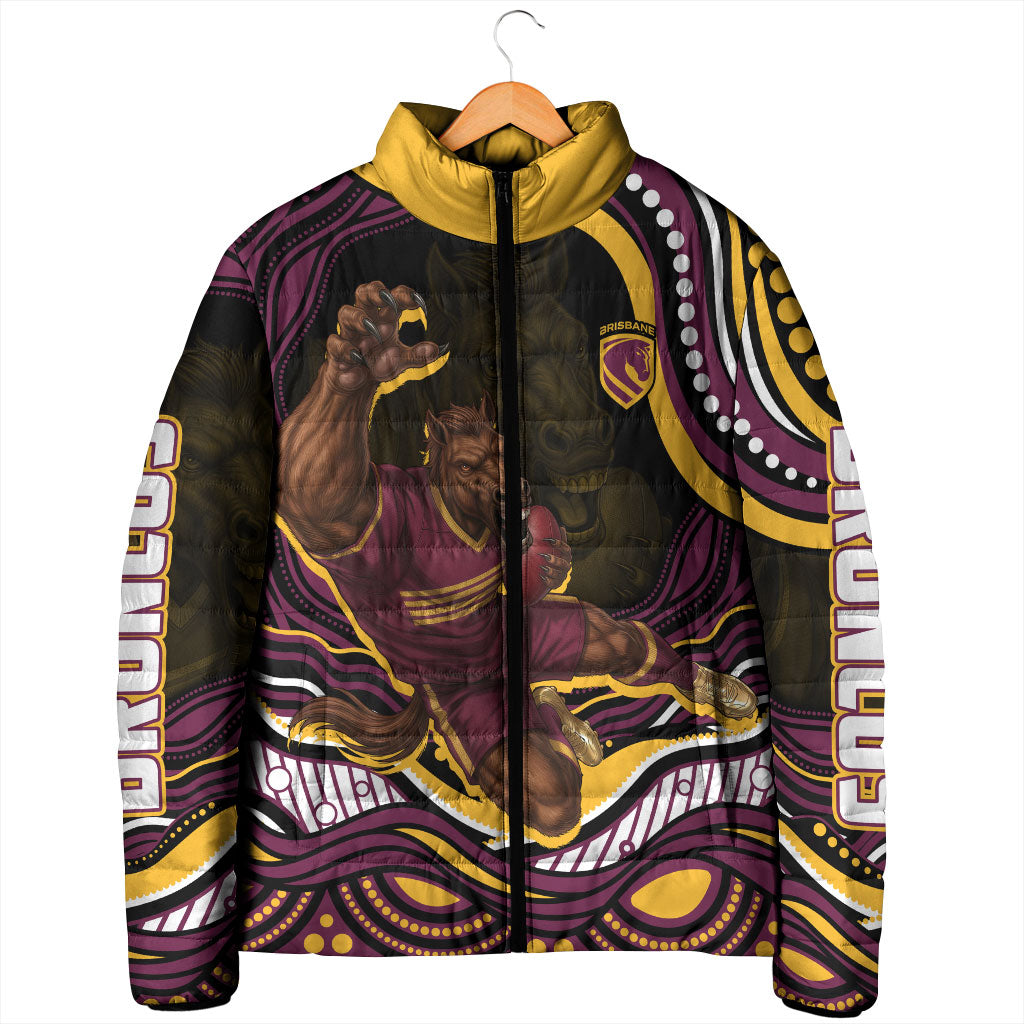 Personalized Brisbane Broncos Padded Jacket Aboriginal Dot Art - Dreamtime Rugby Mascot