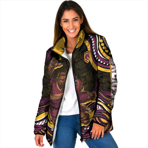 Personalized Brisbane Broncos Padded Jacket Aboriginal Dot Art - Dreamtime Rugby Mascot