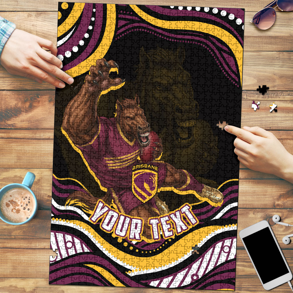 Personalized Brisbane Broncos Puzzle Aboriginal Dot Art - Dreamtime Rugby Mascot