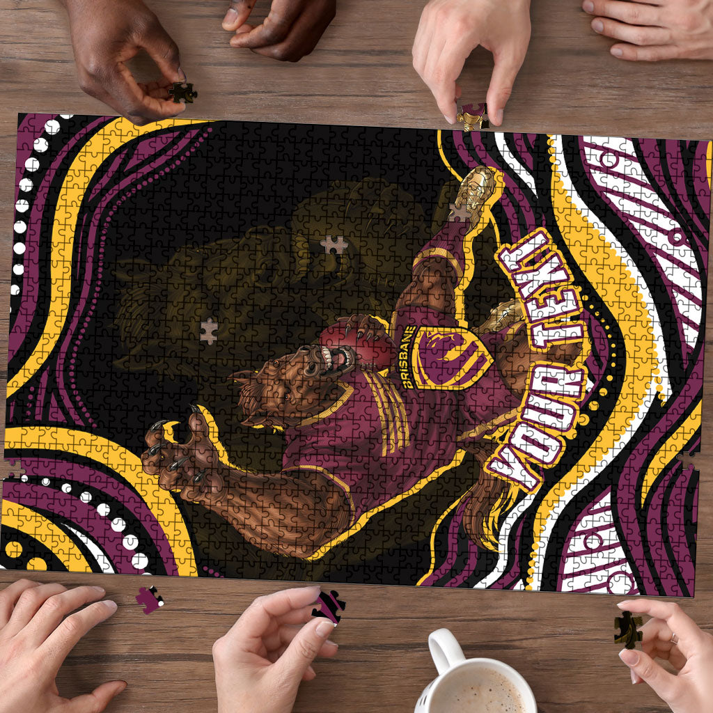 Personalized Brisbane Broncos Puzzle Aboriginal Dot Art - Dreamtime Rugby Mascot