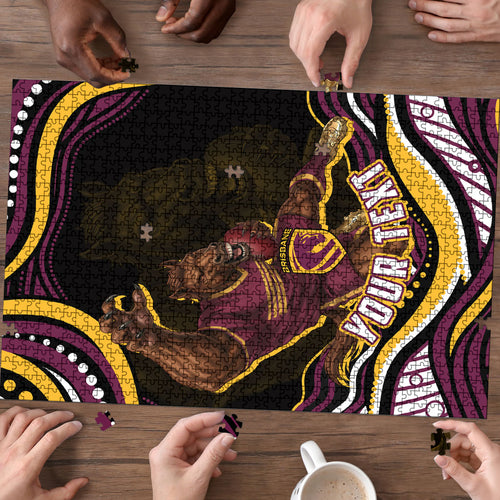 Personalized Brisbane Broncos Puzzle Aboriginal Dot Art - Dreamtime Rugby Mascot
