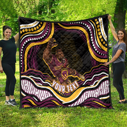 Personalized Brisbane Broncos Quilt Aboriginal Dot Art - Dreamtime Rugby Mascot
