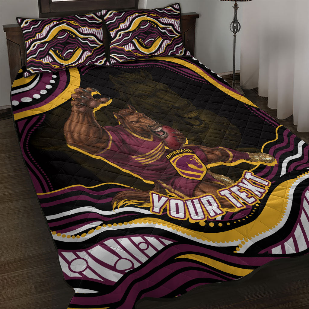 Personalized Brisbane Broncos Quilt Bed Set Aboriginal Dot Art - Dreamtime Rugby Mascot