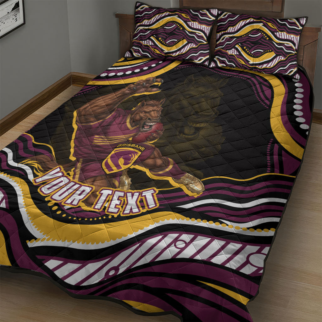 Personalized Brisbane Broncos Quilt Bed Set Aboriginal Dot Art - Dreamtime Rugby Mascot