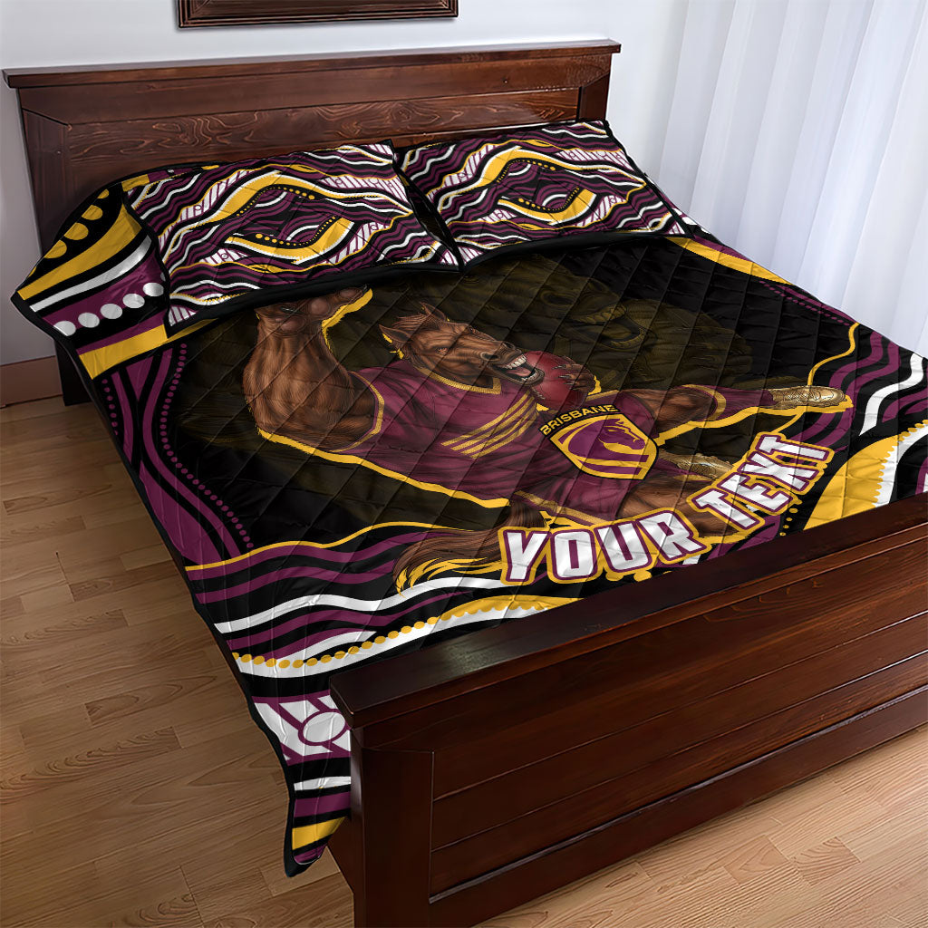 Personalized Brisbane Broncos Quilt Bed Set Aboriginal Dot Art - Dreamtime Rugby Mascot