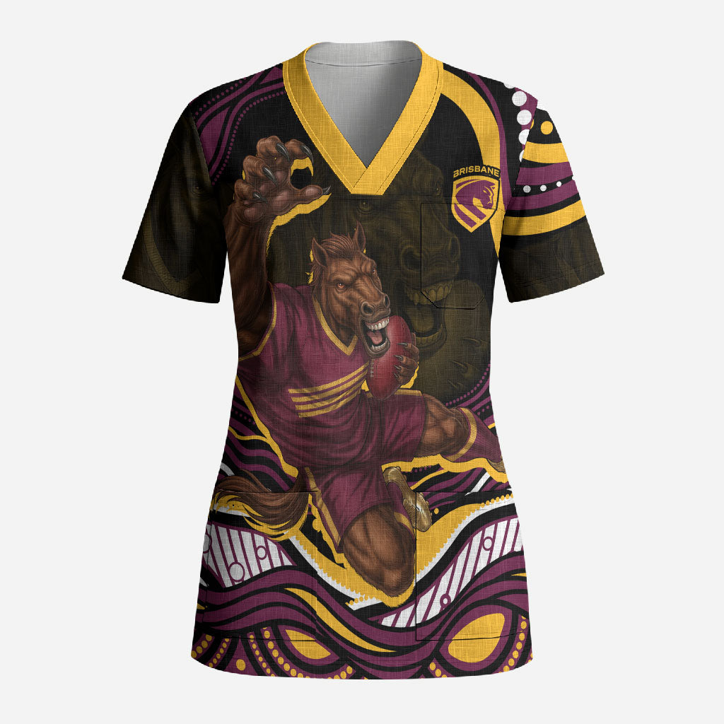 Personalized Brisbane Broncos Scrub Top Aboriginal Dot Art - Dreamtime Rugby Mascot