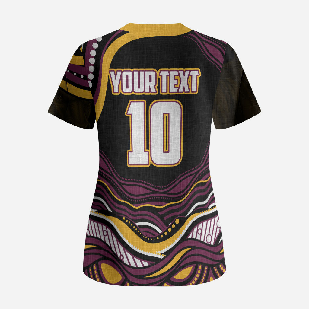 Personalized Brisbane Broncos Scrub Top Aboriginal Dot Art - Dreamtime Rugby Mascot
