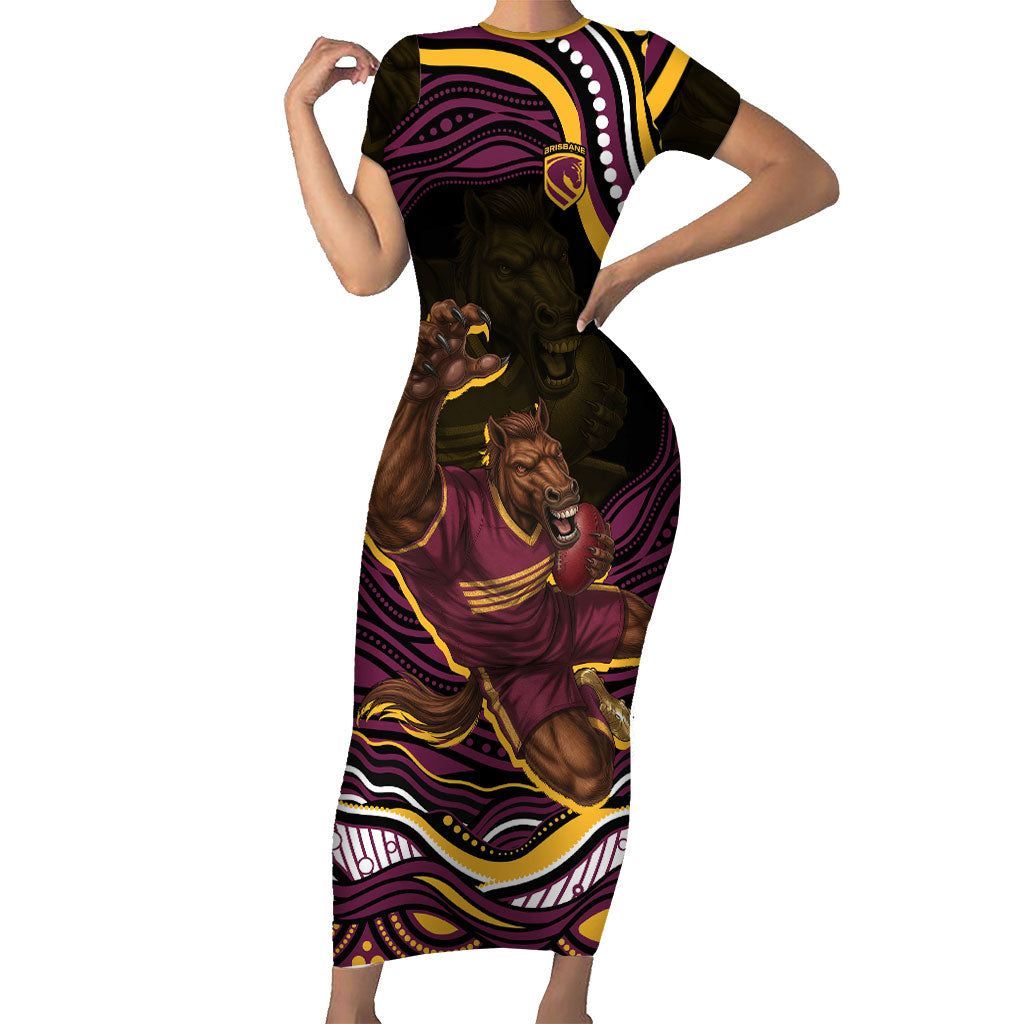 Personalized Brisbane Broncos Short Sleeve Bodycon Dress Aboriginal Dot Art - Dreamtime Rugby Mascot