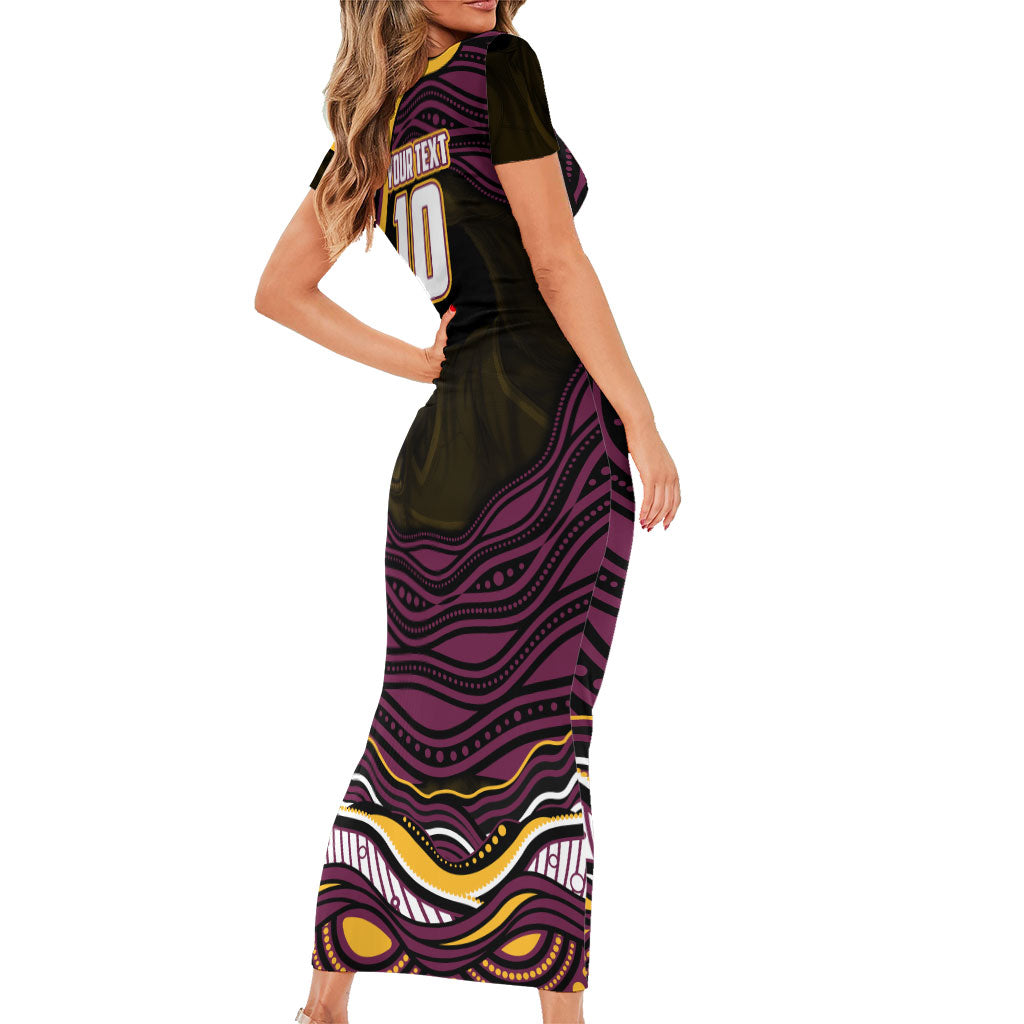 Personalized Brisbane Broncos Short Sleeve Bodycon Dress Aboriginal Dot Art - Dreamtime Rugby Mascot