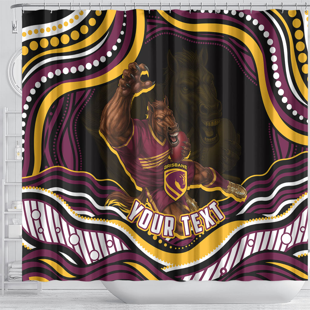 Personalized Brisbane Broncos Shower Curtain Aboriginal Dot Art - Dreamtime Rugby Mascot