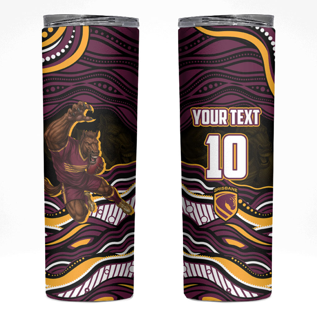 Personalized Brisbane Broncos Skinny Tumbler Aboriginal Dot Art - Dreamtime Rugby Mascot