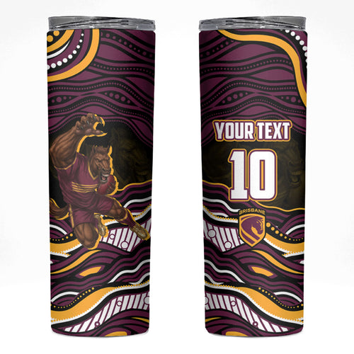 Personalized Brisbane Broncos Skinny Tumbler Aboriginal Dot Art - Dreamtime Rugby Mascot