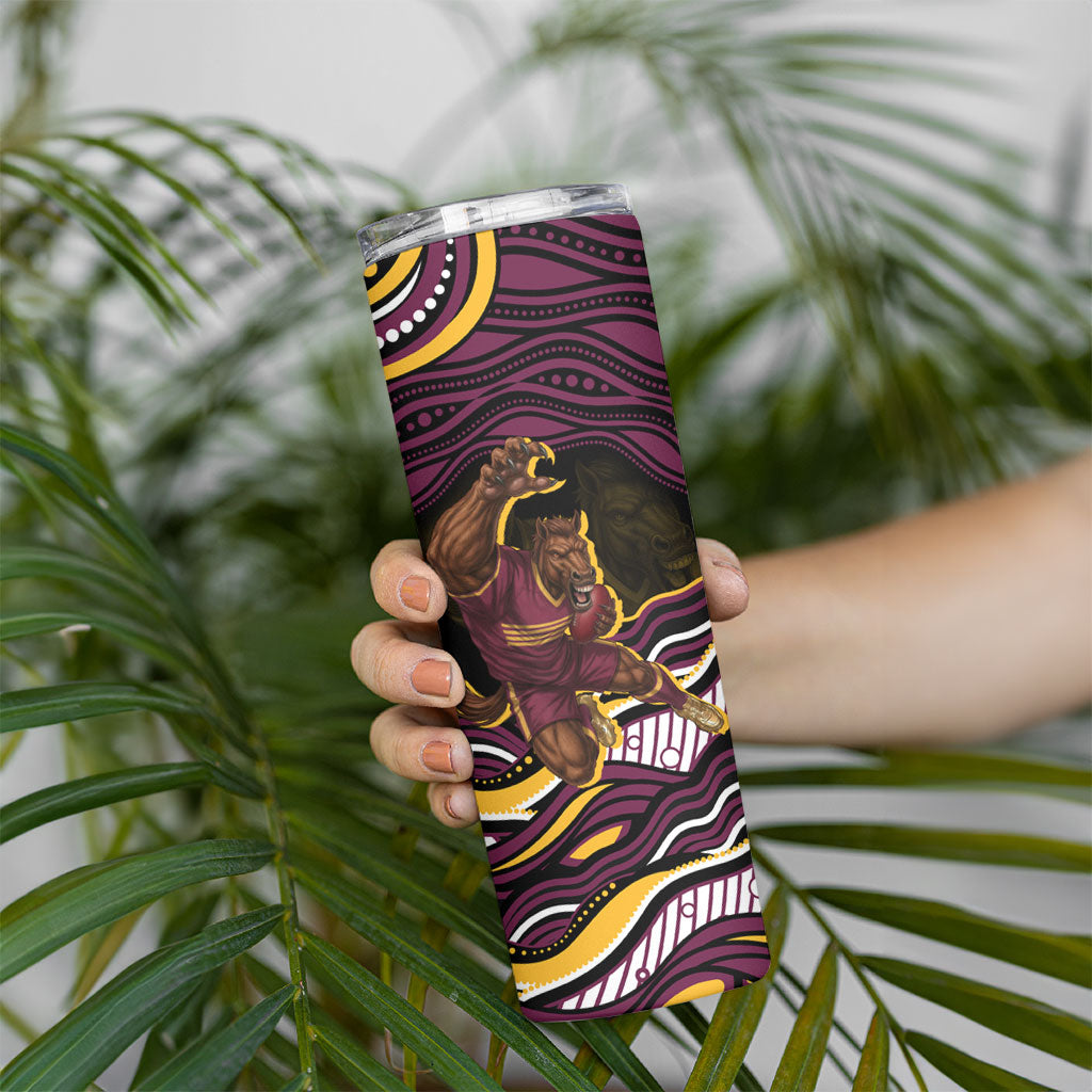 Personalized Brisbane Broncos Skinny Tumbler Aboriginal Dot Art - Dreamtime Rugby Mascot