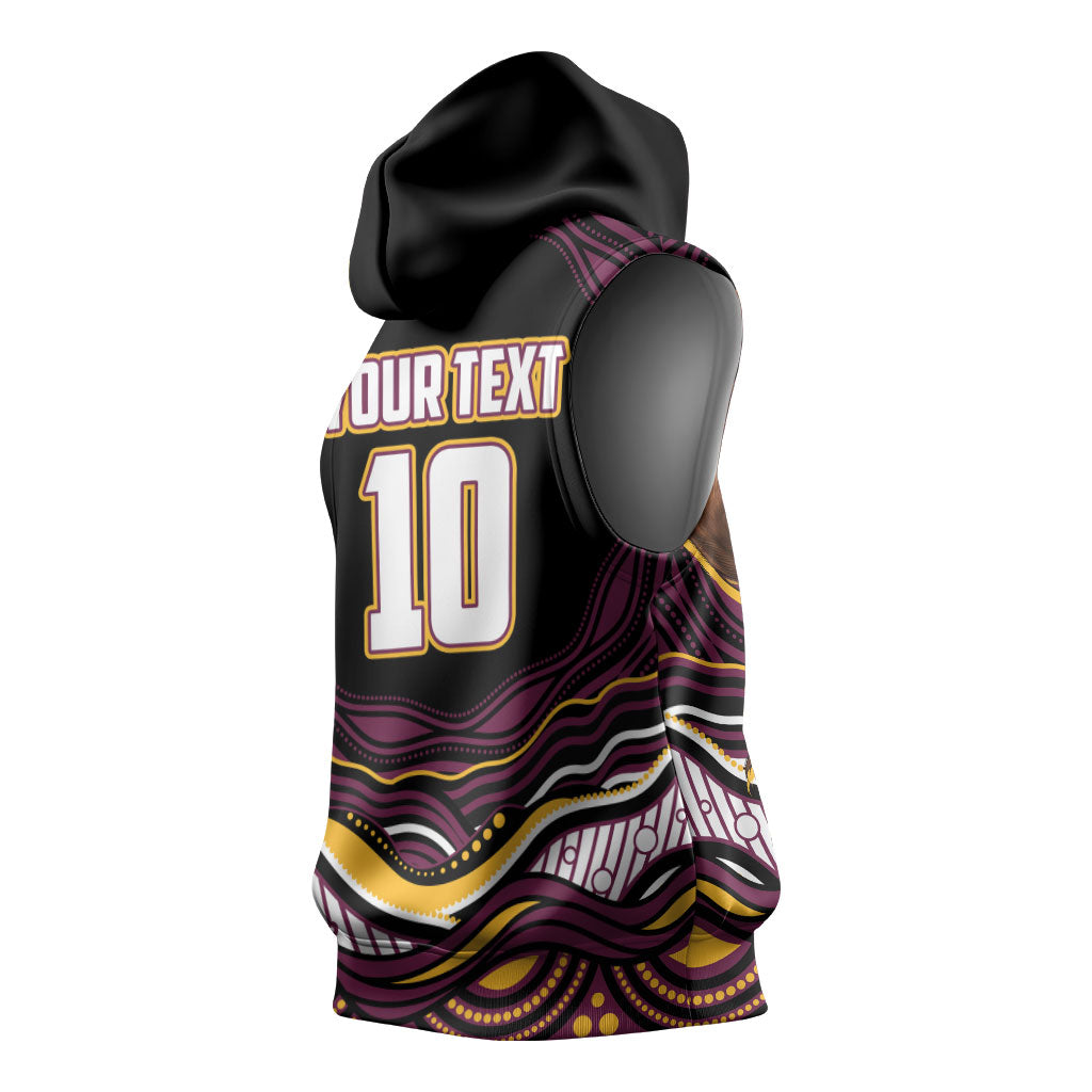 Personalized Brisbane Broncos Sleeveless Hoodie Aboriginal Dot Art - Dreamtime Rugby Mascot