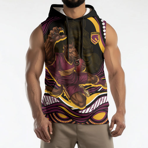 Personalized Brisbane Broncos Sleeveless Hoodie Aboriginal Dot Art - Dreamtime Rugby Mascot
