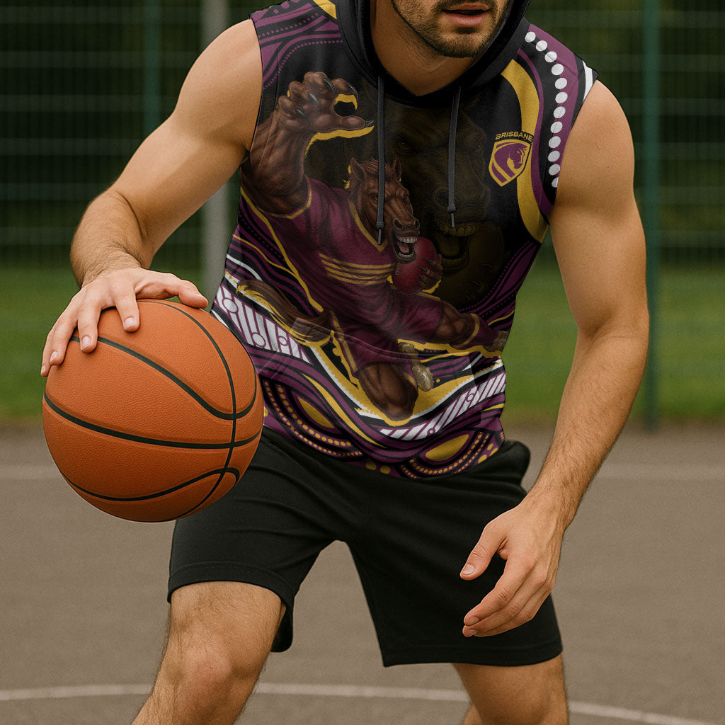 Personalized Brisbane Broncos Sleeveless Hoodie Aboriginal Dot Art - Dreamtime Rugby Mascot