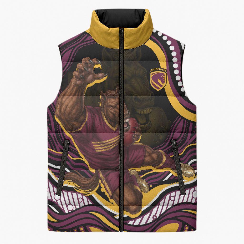 Personalized Brisbane Broncos Sleeveless Puffer Jacket Aboriginal Dot Art - Dreamtime Rugby Mascot