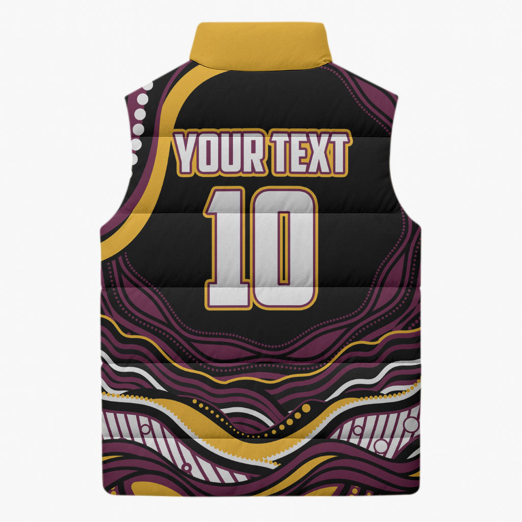 Personalized Brisbane Broncos Sleeveless Puffer Jacket Aboriginal Dot Art - Dreamtime Rugby Mascot