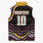 Personalized Brisbane Broncos Sleeveless Puffer Jacket Aboriginal Dot Art - Dreamtime Rugby Mascot