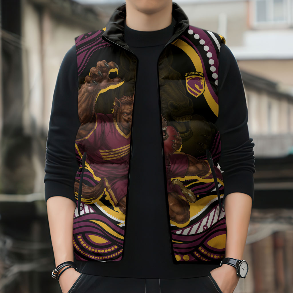 Personalized Brisbane Broncos Sleeveless Puffer Jacket Aboriginal Dot Art - Dreamtime Rugby Mascot