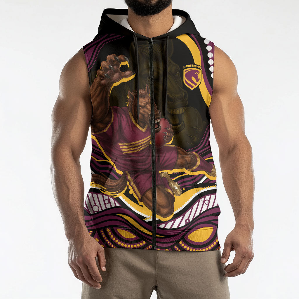 Personalized Brisbane Broncos Sleeveless Zip Hoodie Aboriginal Dot Art - Dreamtime Rugby Mascot