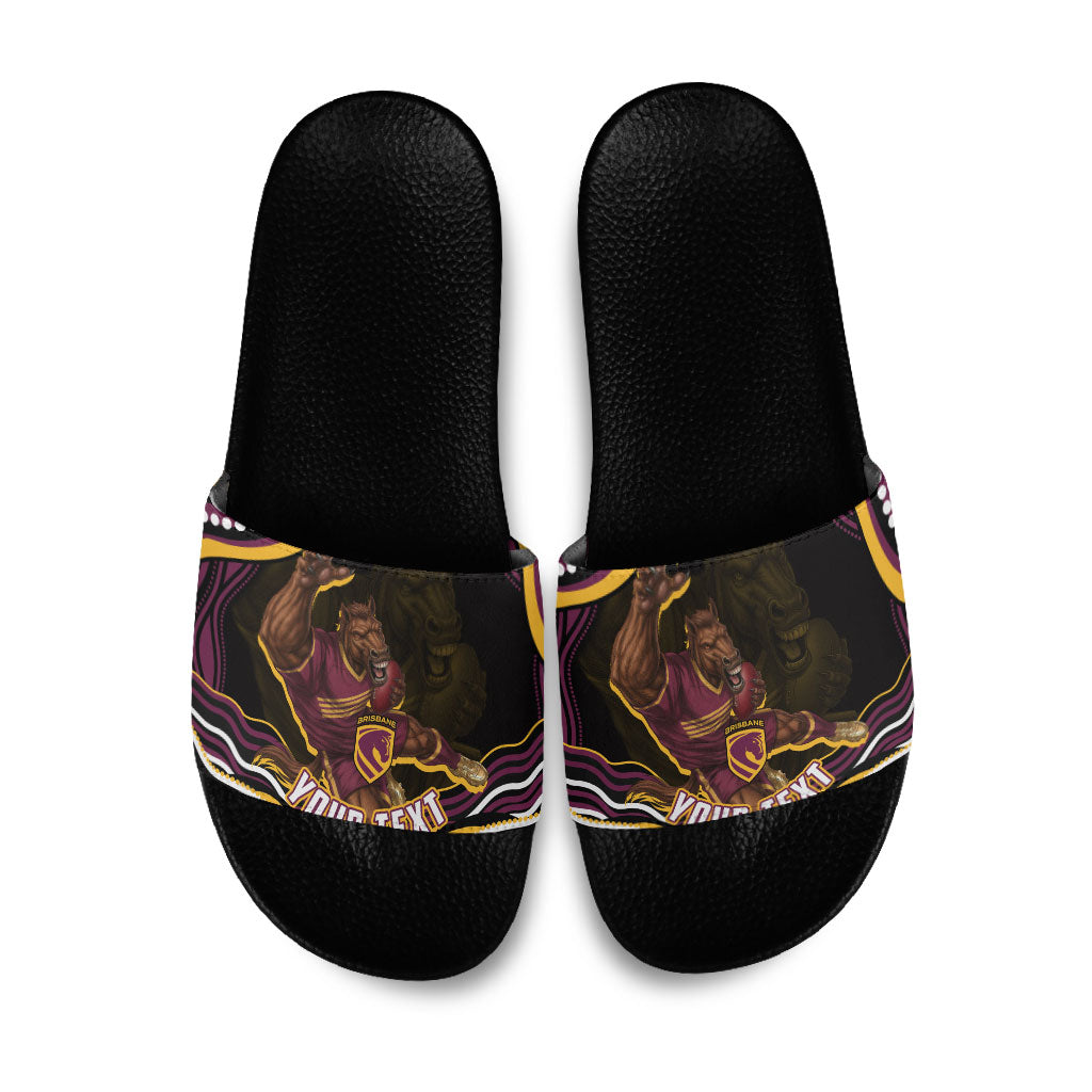 Personalized Brisbane Broncos Slide Sandals Aboriginal Dot Art - Dreamtime Rugby Mascot