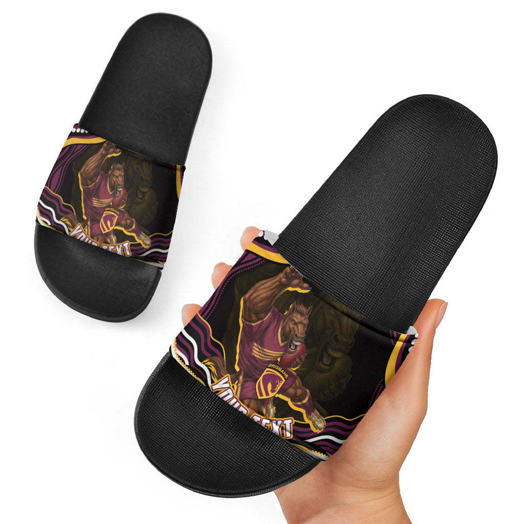Personalized Brisbane Broncos Slide Sandals Aboriginal Dot Art - Dreamtime Rugby Mascot