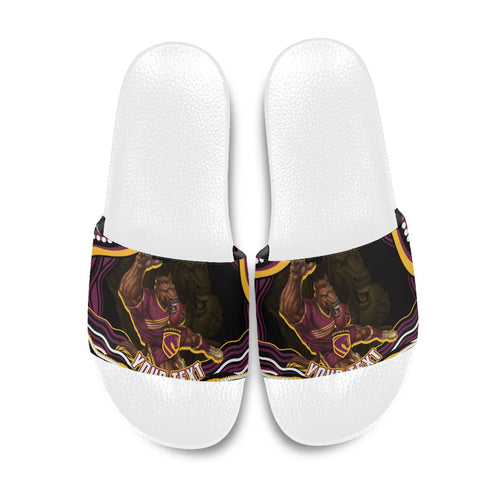 Personalized Brisbane Broncos Slide Sandals Aboriginal Dot Art - Dreamtime Rugby Mascot