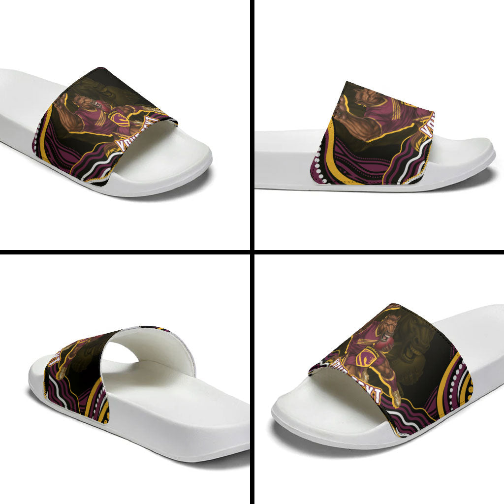 Personalized Brisbane Broncos Slide Sandals Aboriginal Dot Art - Dreamtime Rugby Mascot