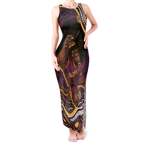 Personalized Brisbane Broncos Tank Maxi Dress Aboriginal Dot Art - Dreamtime Rugby Mascot