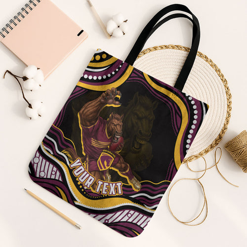 Personalized Brisbane Broncos Tote Bag Aboriginal Dot Art - Dreamtime Rugby Mascot