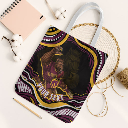 Personalized Brisbane Broncos Tote Bag Aboriginal Dot Art - Dreamtime Rugby Mascot