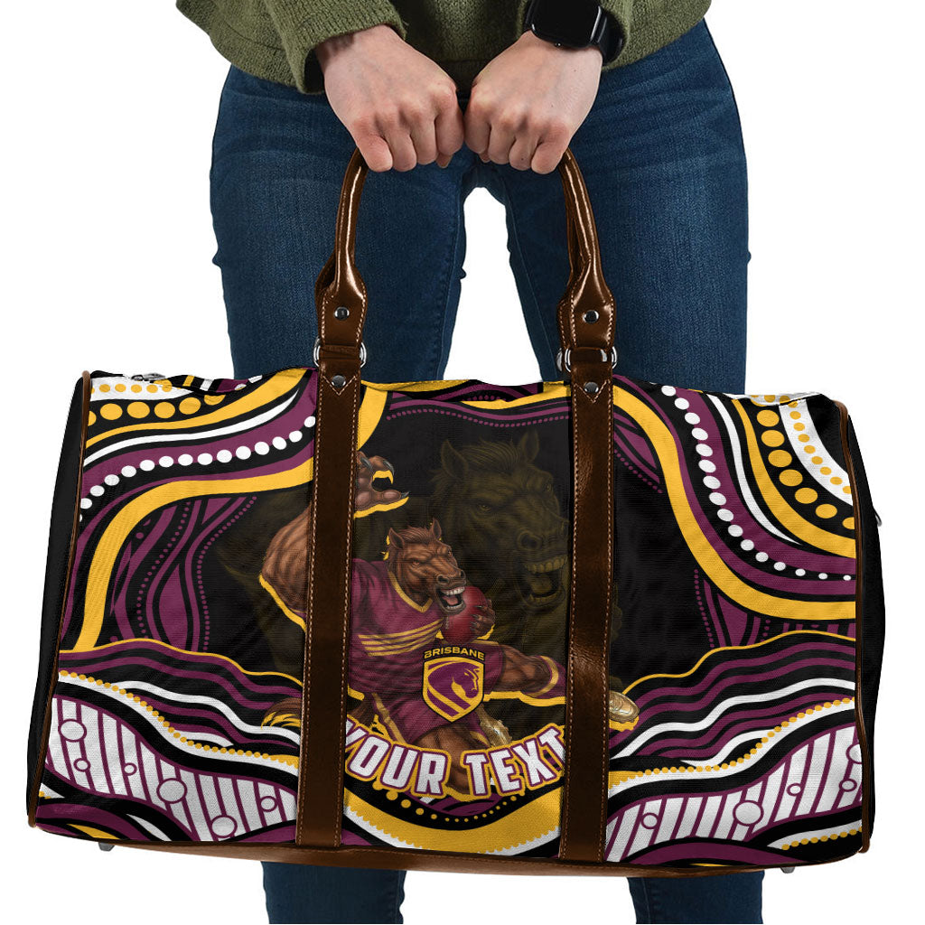 Personalized Brisbane Broncos Travel Bag Aboriginal Dot Art - Dreamtime Rugby Mascot