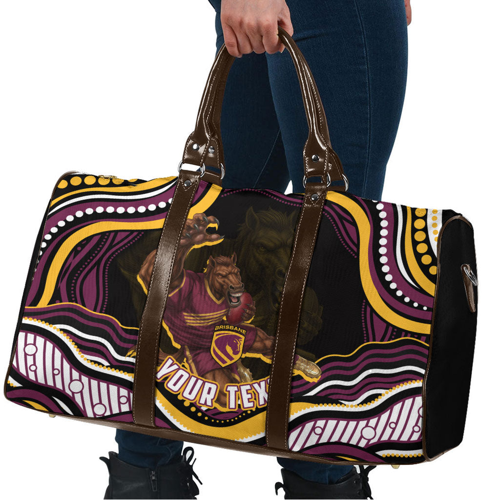Personalized Brisbane Broncos Travel Bag Aboriginal Dot Art - Dreamtime Rugby Mascot